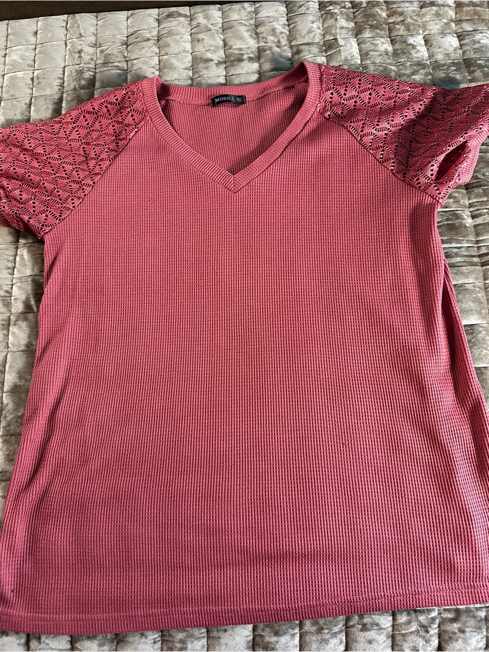 Pink V-Neck Short Sleeve Top with Lace Shoulders